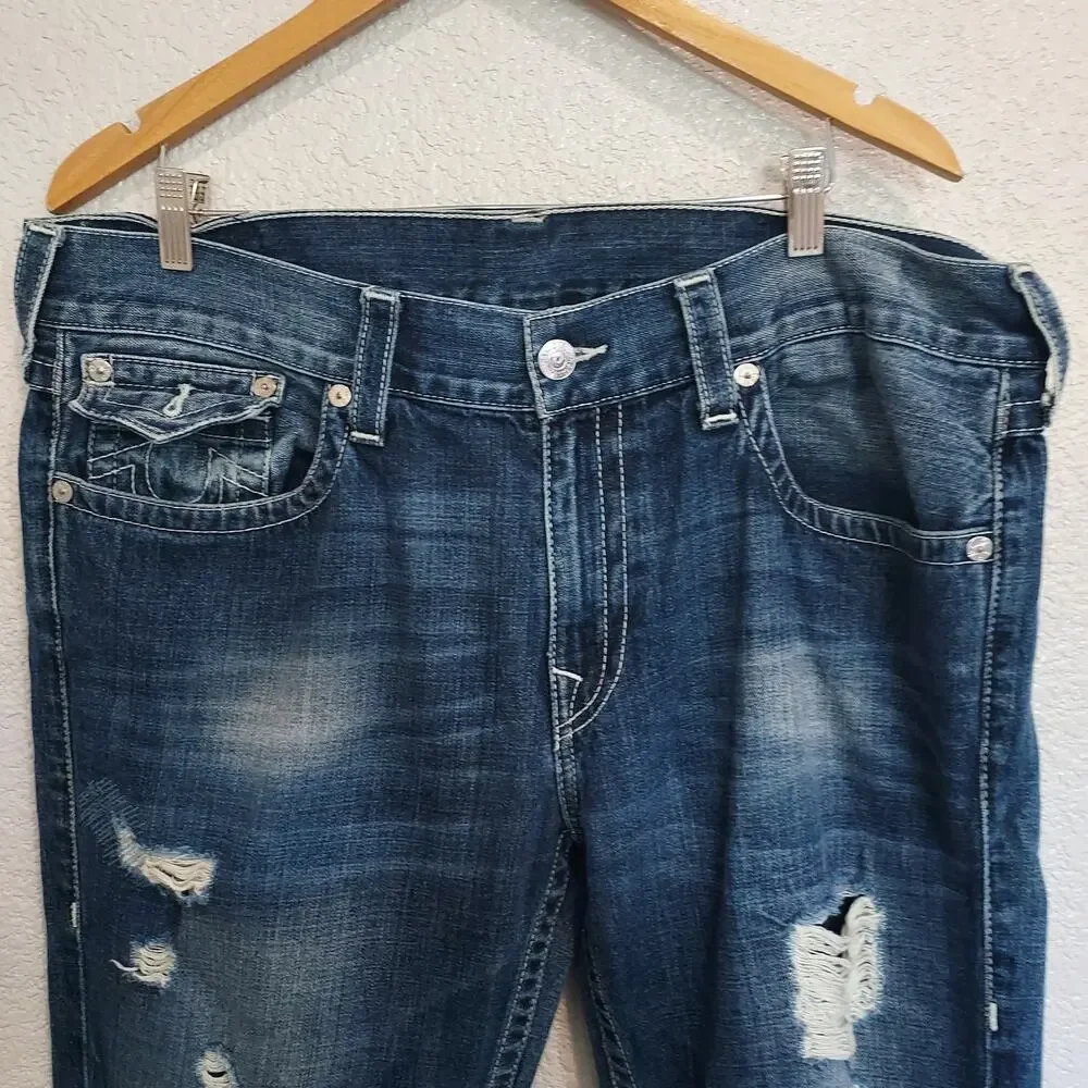 True Religion Distressed Straight Leg Blue Jeans Size 38